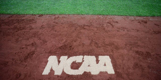 The NCAA logo on the field at TD Ameritrade Park in Omaha, Nebraska.