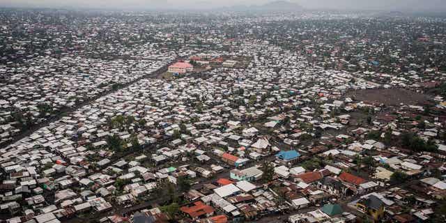 Goma, Congo, is pictured from nan position of a U.N. helicopter. The United Nations has suspended chopper flights supra eastbound Congo aft a chopper was attacked.