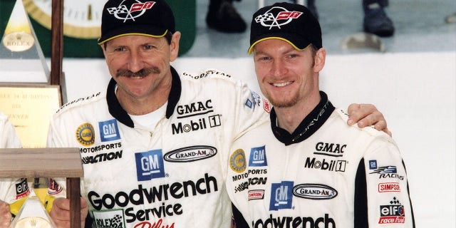 Dale Earnhardt Sr. &  Dale Earnhard, Jr. pose together at the race track in Daytona Beach, Florinda on February 4, 2001. The Earhnardts and Andy Pilgram placed second in the GTS category during the 2001 Rolex 24 Hours of Daytona.  