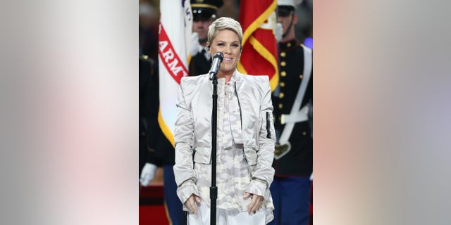 Pink sang the national anthem prior to Super Bowl LII between the New England Patriots and the Philadelphia Eagles in 2018.