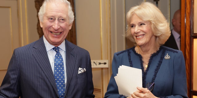 King Charles III and Camilla, Queen Consort, attend a reception to celebrate the second anniversary of The Reading Room at Clarence House on Feb. 23, 2023, in London.