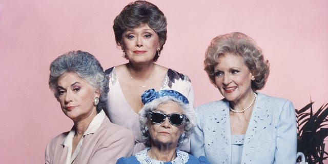 From left to right, Bea Arthur as Dorothy Petrillo Zbornak, Rue McClanahan as Blanche Devereaux, Estelle Getty as Sophia Petrillo, Betty White as Rose Nylund.