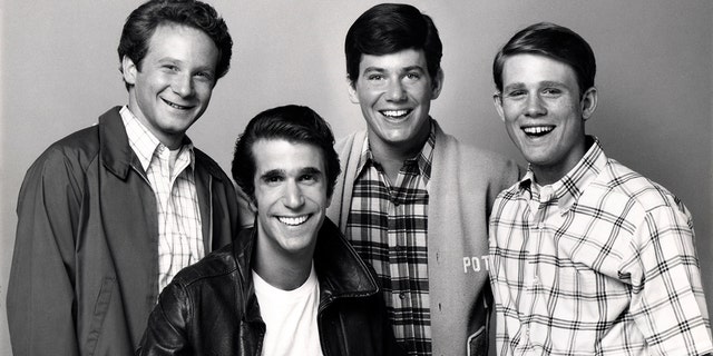 Season 3 of ‘Happy Days’ circa 1975. From left: Ralph (Donny Most), Fonzie (Henry Winkler), Potsie (Anson Williams) and Richie (Ron Howard).