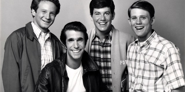 Season 3 of ‘Happy Days’ circa 1975. From left: Ralph (Donny Most), Fonzie (Henry Winkler), Potsie (Anson Williams) and Richie (Ron Howard).