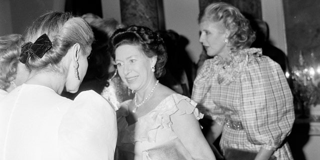 From left, Carolina Herrera, Princess Margaret, Countess of Snowdon, and Lady Anne Glenconner attend a party at the home of Lynn and Oscar Wyatt in Houston on Feb. 5, 1982.