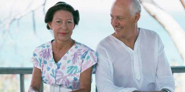 Princess Margaret (1930 - 2002) with Colin Tennant, 3rd Baron Glenconner, on the Caribbean island of Mustique, which Glenconner owns, February 1989.