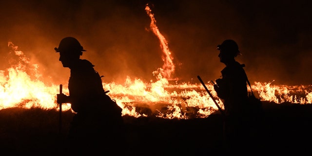 Firefighters light backfires as they try to contain the Thomas wildfire in Ojai, California, on Dec. 9, 2017.