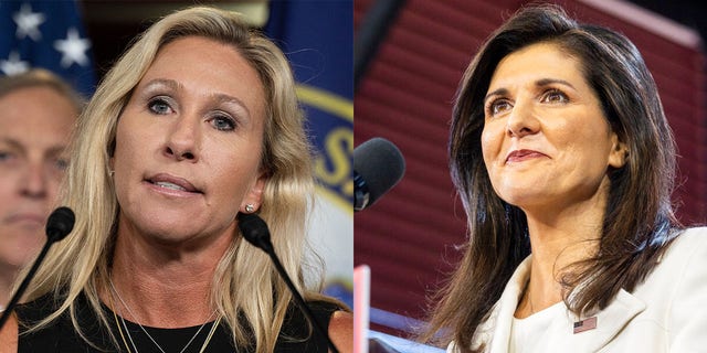 L-R: Marjorie Taylor Greene, R-Ga., and Republican presidential candidate Nikki Haley .