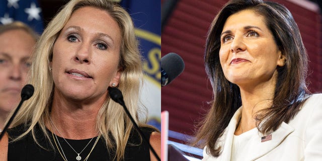 L-R: Marjorie Taylor Greene, R-Ga., and Republican presidential candidate Nikki Haley .