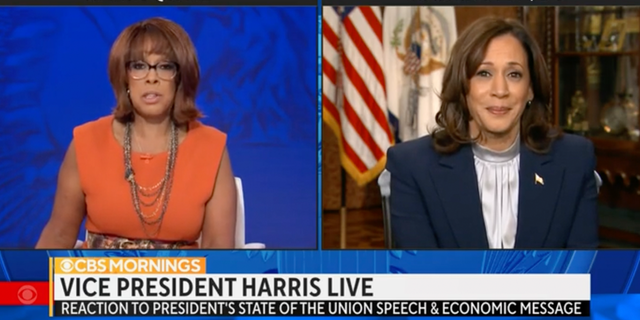 CBS News anchor Gayle King speaks to Vice President Kamala Harris after Biden's State of the Union address.