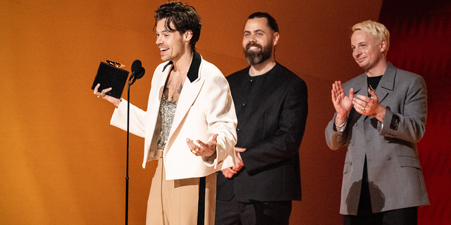 Harry Styles, Tyler Johnson and Kid Harpoon accept the Album Of The Year award for "Harry's House" during the 65th GRAMMY Awards at Crypto.com Arena on February 05, 2023 in Los Angeles, California.