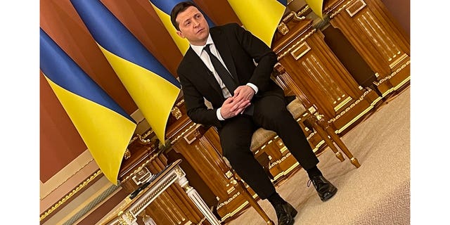 President Zelenskyy at a press conference before the war started in Kyiv.