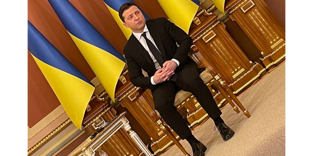 President Zelenskyy at a press conference before the war started in Kyiv.