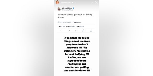 screenshot of Britney Spears' Instagram story calling out a tweet by Alyssa Milano