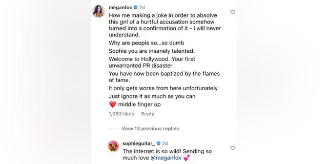 Megan Fox directly commented beneath Sophie Lloyd's Instagram post to clear up any rumors that Lloyd was involved in her relationship with Machine Gun Kelly. Lloyd responded to Fox, saying the Internet is "wild."