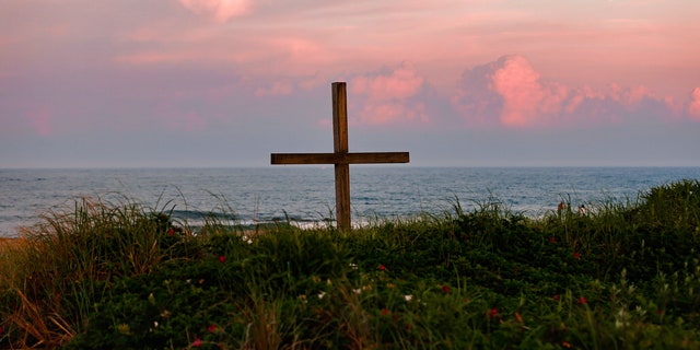 View of a cross on the Ocean Grove Beach in New Jersey. 