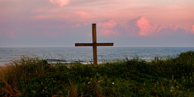 View of a cross on the Ocean Grove Beach in New Jersey.