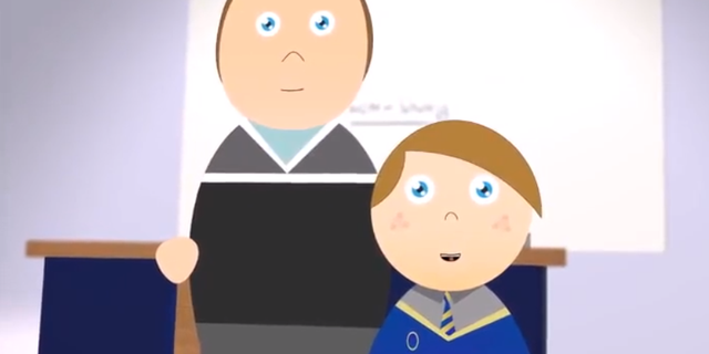The teacher in INTO's video stands before the class with Liam, a transgender girl.