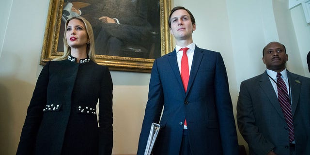  White House Senior Advisor Jared Kushner (R) and Ivanka Trump (L) attend a meeting held by US President Donald J. Trump with members of his Cabinet, in the Cabinet Room of the White House in Washington, DC.