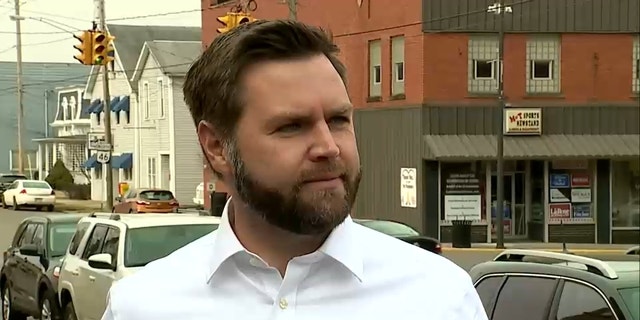 Sen. JD Vance, R-Ohio, holds a media availability in East Palestine on Thursday to answer questions on the train derailment fallout. 