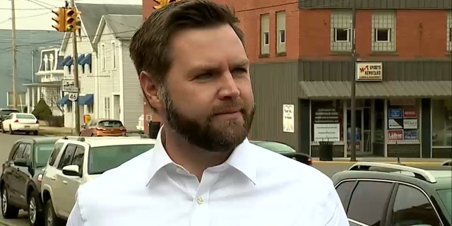 Sen. JD Vance, R-Ohio, holds a media availability in East Palestine on Thursday to answer questions on the train derailment fallout. 