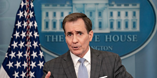 National Security Council spokesperson John Kirby speaks during a news conference in the James S. Brady Press Briefing Room at the White House in Washington, D.C., on Friday.