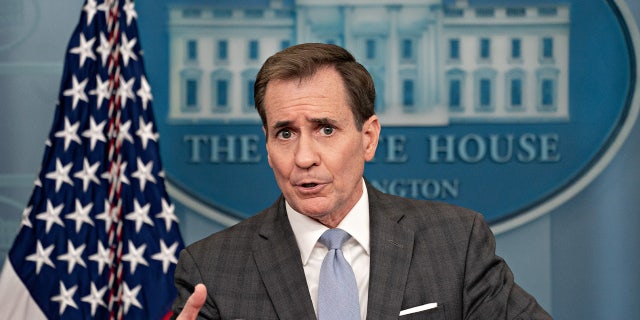 National Security Council spokesperson John Kirby speaks during a news conference in the James S. Brady Press Briefing Room at the White House in Washington, D.C., on Friday.