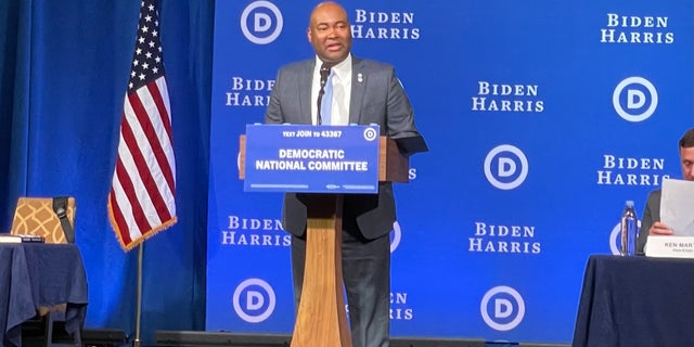 Democratic National Committee chair Jaime Harrison speaks at the DNC's winter meeting, in Philadelphia, Pennsylvania on Feb. 4, 2023