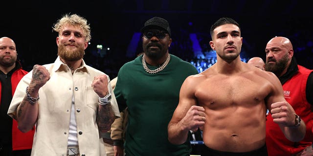 Jake Paul (L) and Tommy Fury (R) pose prior to the Artur Beterbiev vs Anthony Yarde fight night at OVO Arena Wembley on January 28, 2023 in London, England.
