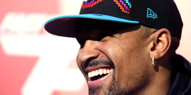 Jalen Hurts #1 of the Philadelphia Eagles speaks to the media during Super Bowl LVII Opening Night presented by Fast Twitch at Footprint Center on February 06, 2023 in Phoenix, Arizona.