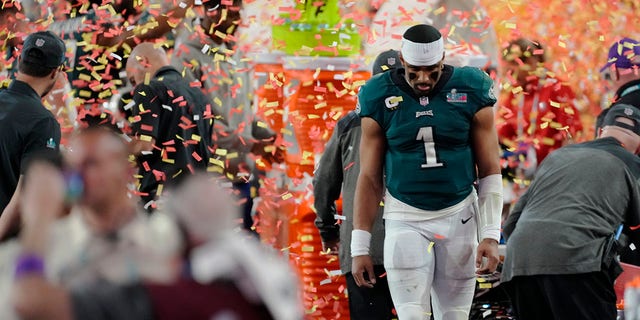 Philadelphia Eagles quarterback Jalen Hurts, #1, reacts after losing against the Kansas City Chiefs in the NFL Super Bowl LVII football game, Sunday, Feb. 12, 2023, in Glendale, Arizona.