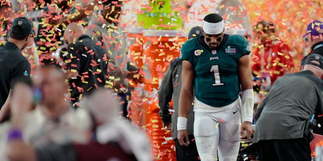 Philadelphia Eagles quarterback Jalen Hurtsk #1, reacts after their loss against the Kansas City Chiefs in the NFL Super Bowl LVII football game, Sunday, Feb. 12, 2023, in Glendale, Arizona. Kansas City Chiefs defeated the Philadelphia Eagles 38-35.