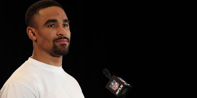 Jalen Hurts of the Philadelphia Eagles speaks to the media before Super Bowl LVII on February 8, 2023 in Phoenix, Arizona.