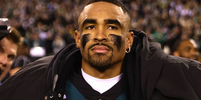Jalen Hurts of the Eagles after defeating the San Francisco 49ers to win in the NFC Championship at Lincoln Financial Field on Jan. 29, 2023, in Philadelphia.