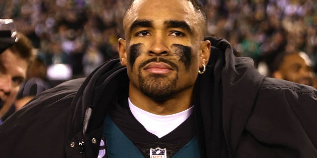 Jalen Hurts of the Eagles after defeating the San Francisco 49ers to win in the NFC Championship at Lincoln Financial Field on Jan. 29, 2023, in Philadelphia.