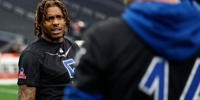 NFC cornerback Jalen Ramsey, #5 of the Los Angles Rams, reacts during a practice session prior to an NFL Pro Bowl football game at Allegiant Stadium on Feb. 4, 2023 in Las Vegas.
