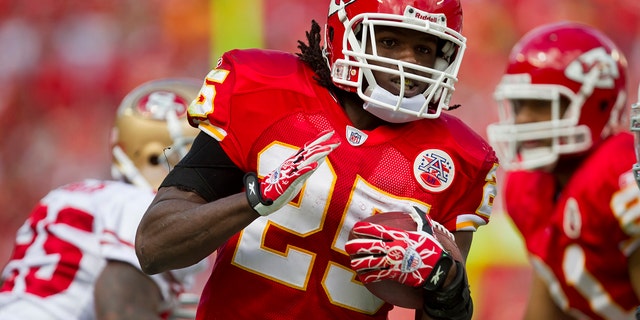 Chiefs running back Jamaal Charles rushed for 22 yards on a screen pass against the San Francisco 49ers at Arrowhead Stadium in Kansas City, Missouri on September 26, 2010.