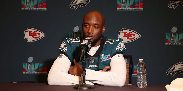 James Bradberry, #24 of the Philadelphia Eagles, speaks to the media during the Philadelphia Eagles media availability prior to Super Bowl LVII on February 8, 2023, in Phoenix, Arizona.