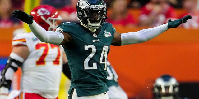 Philadelphia Eagles number 24 James Bradberry celebrates against the Kansas City Chiefs during the second quarter of Super Bowl LVII at State Farm Stadium on February 12, 2023 in Glendale, Arizona.