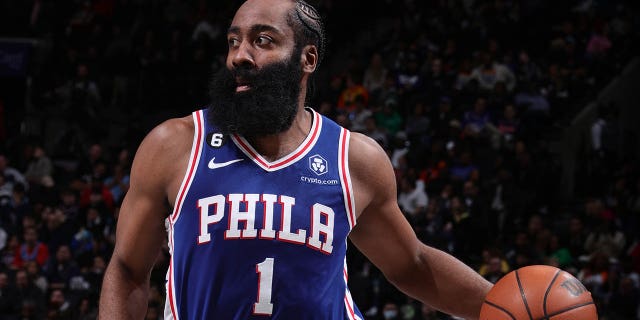 James Harden #1 of the Philadelphia 76ers drives to the basket during the game against the Brooklyn Nets on February 11, 2023, at Barclays Center in Brooklyn, New York. 