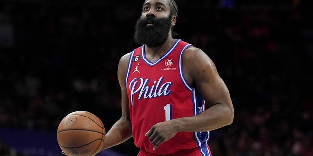 James Harden #1 of the Philadelphia 76ers prepares to shoot a free throw during the game against the New York Knicks on February 10, 2023 at the Wells Fargo Center in Philadelphia, Pennsylvania. 