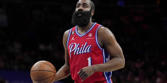 James Harden #1 of the Philadelphia 76ers prepares to shoot a free throw during the game against the New York Knicks on February 10, 2023 at the Wells Fargo Center in Philadelphia, Pennsylvania. 