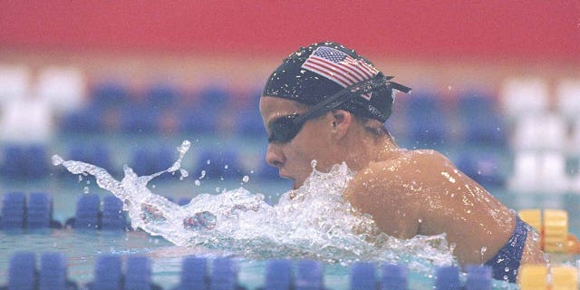 Jamie Cail of the United States performs during the Pan Pacific Swim Championships in Fukuoka City, Japan on August 11, 1997.