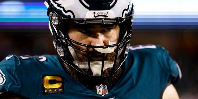 Eagles' Jason Kelce warms up before the playoff game against the New York Giants at Lincoln Financial Field on January 21, 2023 in Philadelphia.