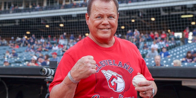 Wrestling legend and WWE announcer Jerry The King Lawler on the field prior to the Major League Baseball game between the Minnesota Twins and Cleveland Guardians on September 16, 2022, at Progressive Field in Cleveland, OH.