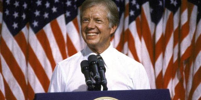 President Jimmy Carter gives a speech at Merced College. 