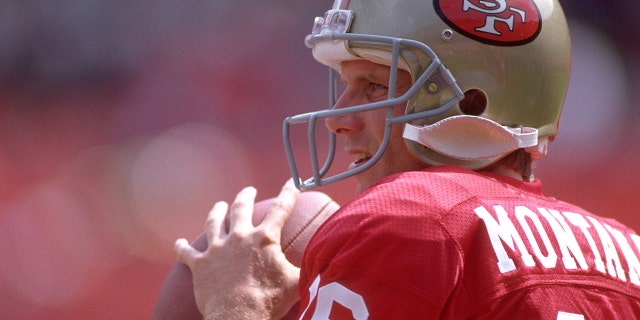 Closeup of San Francisco 49ers QB Joe Montana, #16, before a game against the Minnesota Vikings in San Francisco.