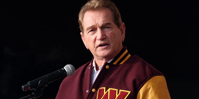 Former Washington Redskin Joe Theismann speaks during the announcement of the Washington Football Team's name change to the Washington Commanders at FedEx Field Feb. 2, 2022, in Landover, Md.
