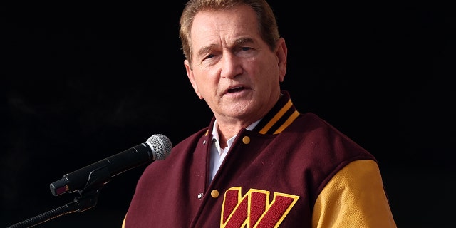 Former Washington Redskin Joe Theismann speaks during the announcement of the Washington Football Team's name change to the Washington Commanders at FedEx Field Feb.  2, 2022, in Landover, Md.