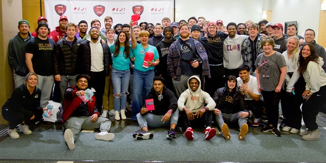 Volunteers got together at North Carolina's Elon University's football stadium to create care packages for women battling cancer on Feb. 2, 2023.